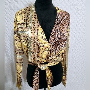 NWT Akira Leopard Scarf Print Wrap Top with Gold Accents